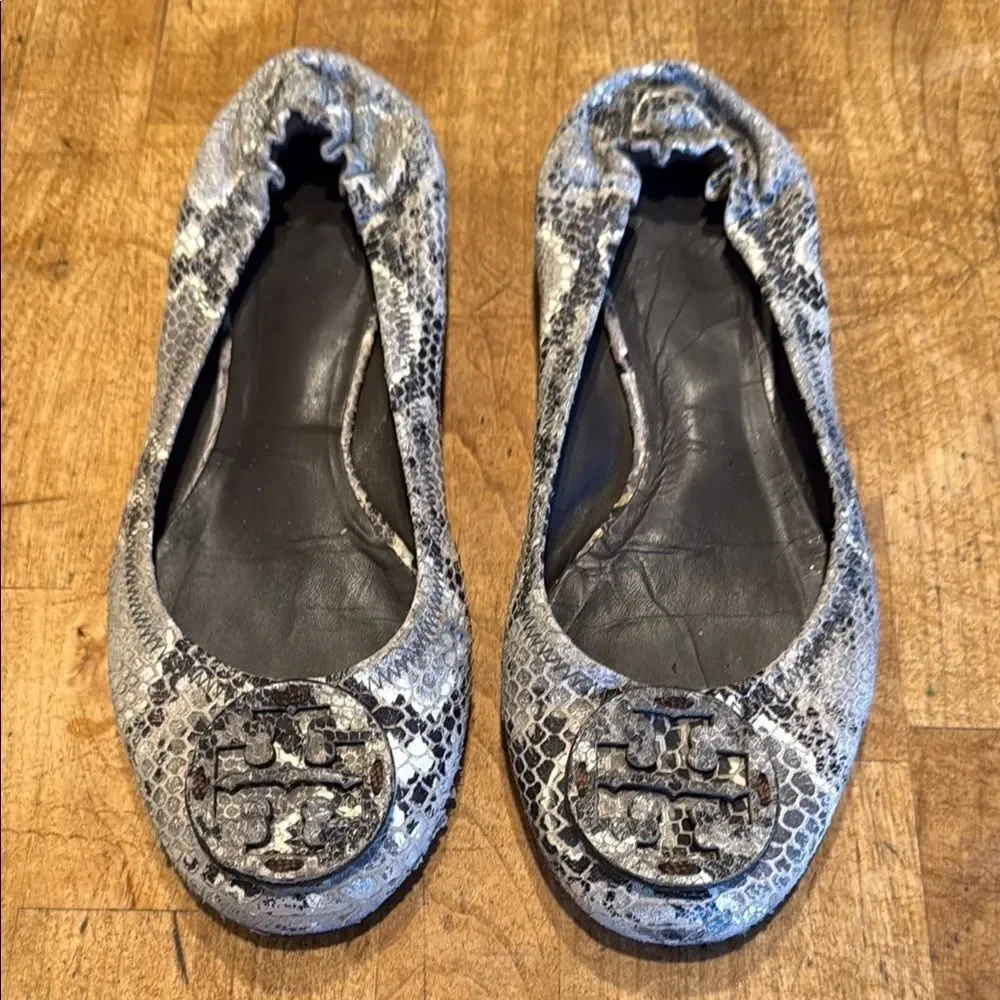 Tory Burch Silver and Black Flats with Metallic Accents